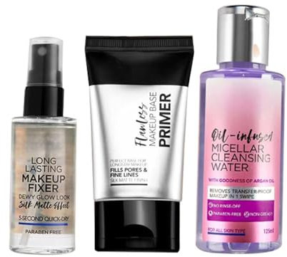 The Must-Have Makeup Trio, 90gm | Pack of 3| Silicone Gel Based Primer, Long lasting Fixer for dewy Glow Look, Oil Infused Cleansing Micellar Water