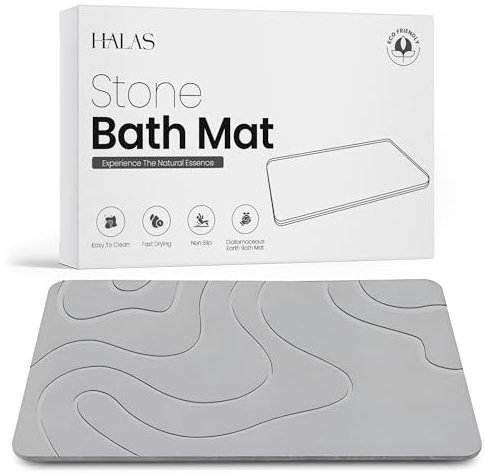 HALAS Stone Bath Mat- Diatomaceous Earth Bath Mats for Bathroom- Diatomite Bath Mat Stone Drying Mat for Kitchen Counter- Super Absorbent/Quick Dry Bathmat- Easy to Clean (24”x16” Grey)