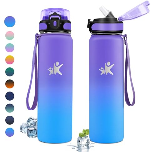 KollyKolla Edelstahl Trinkflasche 1L, Thermoskanne mit Strohhalm, Metall Thermosflasche Doppelwandig, BPA-Frei, Kohlensäure Geeignet, Isolierflasche für Camping, Kinder, Fitness, Sprudel, Büro