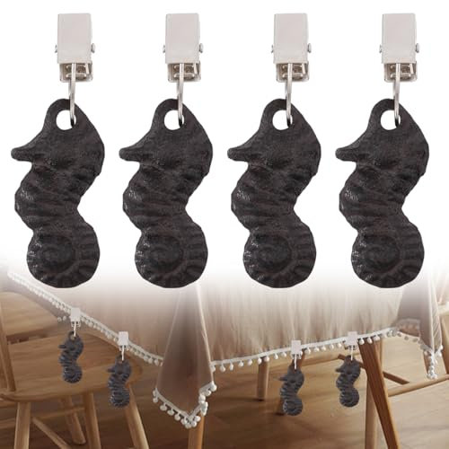 CHGCRAFT 4 Pz Sungmor Pesi per tovaglie in ghisa Pesi Decorativi Pesanti per Drappeggi con cavallucci marini e Clip in Acciaio per Tende da Picnic, tovaglie con Bandiere, Nero