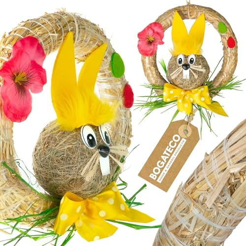 Osterkranz mit Hase aus Stroh 25cm | dekorativer Türkranz mit Aufhänger | natürliche Osterdekoration zum Aufhängen Tür | handgefertigt