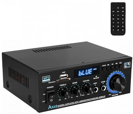 Bluetooth Amplifier 2.0 Channel Speaker Amplifier HiFi, AK45 Stereo Receiver Audio Amp for Speakers FM Radio, Karaoke, w/USB/2 MIC/SD/MMC/FM Input, Remote Control, for Home, Garage, TV