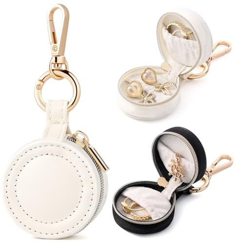 Oranllow 2 Pcs Portable Jewelry Ring Holder Box with Keychain, Small Jewelry Storage Box Case Travel Ring Earring Stud Necklace Storage Case (White+Black)