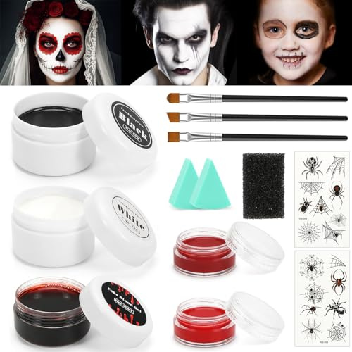 Maquillage Halloween Visage Noir Rouge Blanc, Kit Peinture Corporelle et Visage Enfant Adulte, Maquillage Halloween pour Carnaval Théâtre Cosplay Clown SFX