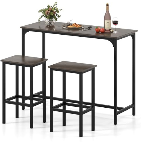 RELAX4LIFE Set Tavolo da Bar e Sedie, Tavolo da Pub Rettangolare 120 cm con 2 Sgabelli, Set Tavolo Alto da Colazione con Struttura in Metallo e Poggiapiedi, per Sala da Pranzo Cucina (Grigio)