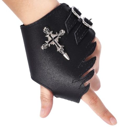 BEAMARKER Gants sans Doigts en Cuir Punk pour Femmes et Hommes Noirs Gothiques Rock Demi Doigts Crâne Croix pour Halloween Conduite Cyclisme Moto Performance Costume Sport Main Droite
