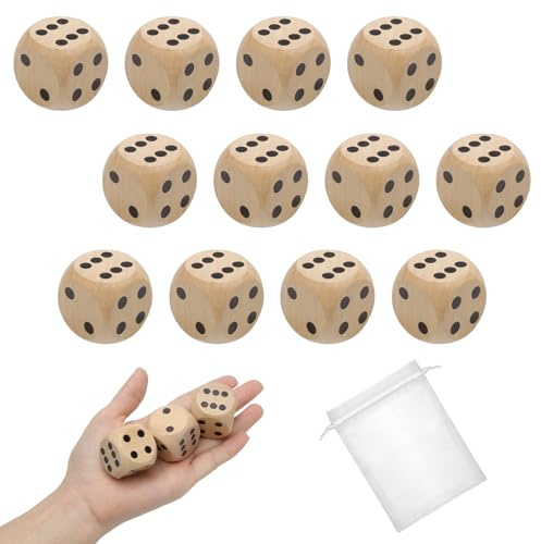 VQBKHO Jeu de dés en Bois 12 pièces, Grands dés de 30 mm Jeu de dés en Bois Naturel pour l'apprentissage des Enfants et des mathématiques Jeu Montessori avec Sac pour l'école Les fêtes et Les Voyages
