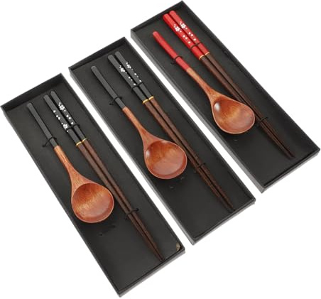 TOYZFRIENDY 3 ensembles Set de Couverts Bois Japonais Cuillères et Baguettes Assorties Ustensiles de Cuisine Solides pour Voyage et Repas Quotidiens Cadeau pour Amateurs de Culture Japonaise