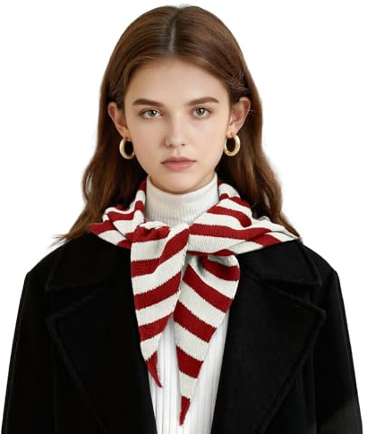 ZUIMEIHQH Striped Triangle Scarf, Wool Knitted Shawl and Wraps Neck Scarf for Women UK, Ladies Versatile Cashmere Scarves Warmer Headscarf for Autumn & Winter (Red)