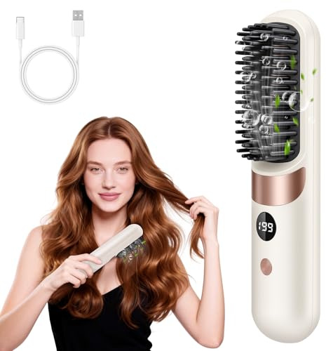 LOPHE Glättbürste, 2 in 1 Haarglätter Bürste mit LED Display, Hair Straightener Kabellos und Verbrühungsschutz, Wiederaufladbare Glättungsbürste für Zuhause und Salon, 140℃–199℃, Gebrochenes Weiß