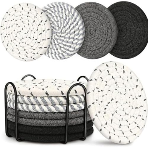 Sottobicchieri Rotondi in Cotone Intrecciato con Portabicchieri Set da 8 Pezzi Antiscivolo per Bevande Calde e Fredde - Ideali per Casa, Ufficio, Bar e Ristorante (Grigio nerastro)