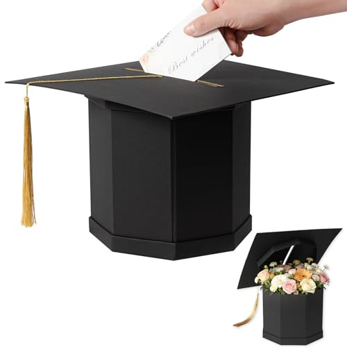 APLUSWER Doktorhut Blumenbox Schwarz Abschlussfeier Kartenbox | Abschlussfeier Geschenkbox mit Kartensteckplatz für Abitur Bachelor Master Promotion | Doktorhut Kartenbox Schwarz