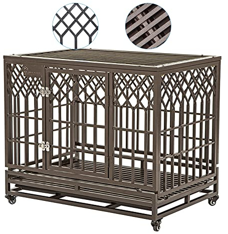 SMONTER 38 Heavy Duty Dog Crates Indoor & Outdoor Dog Cage Strong Metal Pet Kennel Playpen with Two Prevent Escape Lock and Locking Wheels