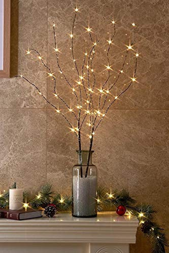 EAMBRITE 2PK 75cm Christmas Decorative Twig Lights Snow Frosted Garden Stake Lights with 50 Warm White LEDs Battery Powered Lighted Branches for Indoor and Outdoor Use