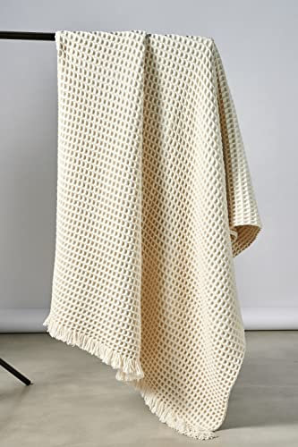 Perelic Wolldecke 100% edles Merino (Schurwolle) ca. 160 x 210 cm Design-Wohndecke im modernen 3D Waffelpiqué gewebt Weiss