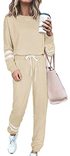BUOYDM Tuta Donna Due Pezzi Sportive Completa Set Pullover + Pantaloni Casual Pigiama Casa Tempo Libero Yoga Sportswear, Cachi M