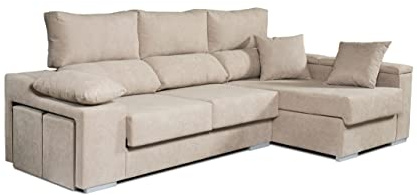 ECCOX - Sofá Chaise Longue Rubí 3 Plazas - Asientos Deslizantes, Cabeceros Reclinables y Arcón de Almacenaje - Cojines y Pufs Incluidos - Chaiselonge Derecha Tapizado en Tela Antimanchas - Color Beige