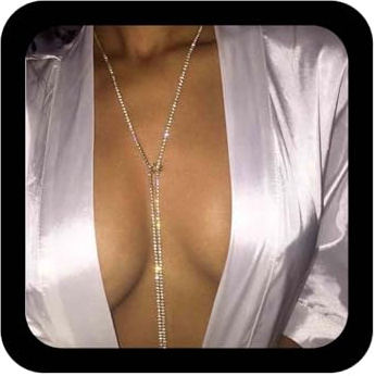 Yheakne Bling Tennis Kette Halskette Silber Lange Strass Halsband Halskette CZ Lariat Y Halskette Binden Halskette für Frauen und Mädchen Nachtclub Körper Kette Schmuck