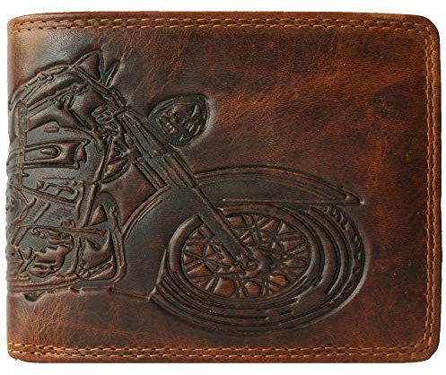 Cartera de piel para hombre y hombre, con protección RFID, con compartimento para monedas y relieve, monedero de piel auténtica (marrón vertical, moto, Harley Davidson), marrón, Querformat, Clásico