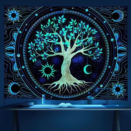 Tapestry for Bedroom Aesthetic Black Light Tree of Life Tapestrys UV Reactive Trippy Talestry Colorful Wall tapistry Sun Moon Space Tapestries Green Forest Wall Hanging Decor Nature Ceiling Tapastry