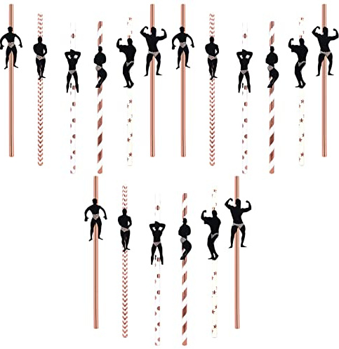 BEHAHAI 18pcs Rose Gold Bachelorette Cocktail Straws - Dancing Men Male Stripper Straws for Bachelorette Decoration