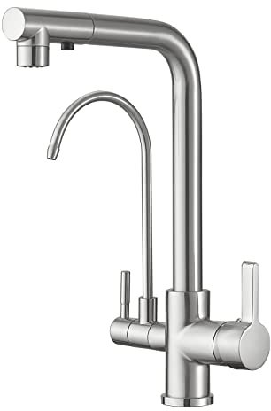 Grifo Cocina Osmosis Extraible Grifo 3 Vias Osmosis Grifo Fregadero Extraible con Dos Caños Griferia de Cocina Grifo para Fregadero para Agua Fría y Caliente,Cepillado
