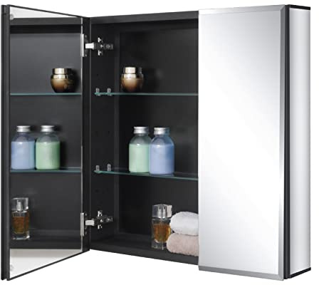 Fundin Schwarzer Aluminium-Badezimmer-Spiegelschrank 61 x 61 cm für Unter- oder Aufputzmontage, mit Doppeltür und verstellbaren Einlegeböden.