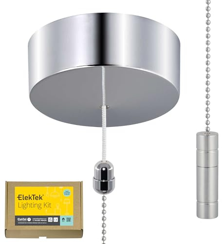 ElekTek UK Safety Approved Chrome Bathroom Light Pull Switch Kit Round Cylinder Fob Handle, EN 60669-1 & CE Mark, Metal Plated, Earth Terminal, 6A 250V, 1 or 2 Way use, Full Wiring Instructions