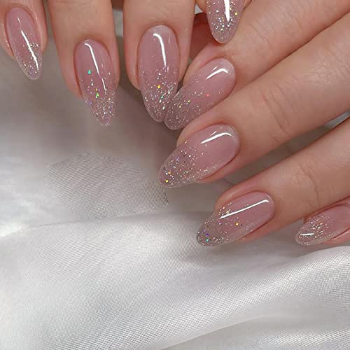 Ceboic Mandel Nägel Zum Aufkleben Kurz, French Pink Silver Glitzer Künstliche Nägel Glossy Kunstnägel Press on Nails, Almond Full Cover Fingernägel Fake Nails für Frauen