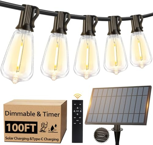100FT Outdoor Solar String Lights with Remote, USB Rechargeable LED Patio Lights with 52 Timer Dimmable ST38 Edison Bulbs, Enhanced 5W Solar Panel Outside Hanging Lights for Porch Garden Deck Backyard