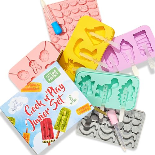 GET FRESH Kids Cooking Ice Cream and Candy Making Tool Set – 8-PCS Silicone Lollipop Jelly Candy Gummy Ice Cream Moulds for Kids – Dino & Fruit Silicone Ice Cream Molds - Cooking Kit 3 4 5 6 7 8 Years