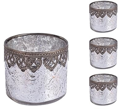 Jinfa 4er-Set Teelichthalter Silber Kerzenhalter Windlicht Glas Kerzengläser Teelichtgläser Weihnachtsdeko Innen Geschenke für Frauen | Zylindrische Form Ø 10cm x h 9cm
