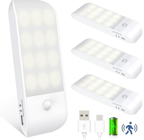 Luz Armario con Sensor de Movimiento, 4 Piezas Luz Nocturna Recargable Tipo-C con 3 Modos de Iluminación, Luz Noche con Banda Magnética para Armario, Pasillo, Escalera, Cocina, Garaje, Blanca Cálida