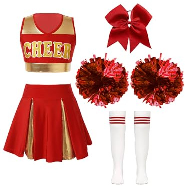 TTAO Mädchen Cheerleading Kostüm Cheer Leader Outfit Ärmellos Top und Rock mit Pompons Karneval Fasching Party Kostüm Rot E 158-164