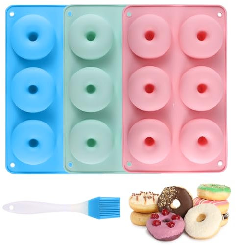 AYNKH Set di 3 stampi per ciambelle in silicone, grandi stampi a 6 cavità, utensili da cucina, strumento da forno, con spazzola