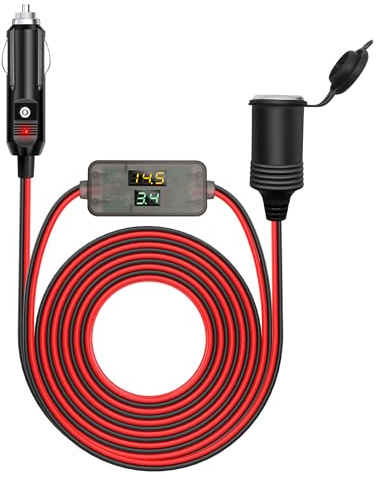Hoembpn 4M Car Accessory Charger Cigarette Lighter Extension Cord Cable with LED Voltmeter and Ammeter, 12V/24V 10A Heavy Duty Male Plug to Female Socket Adaptor Charger Extension Lead
