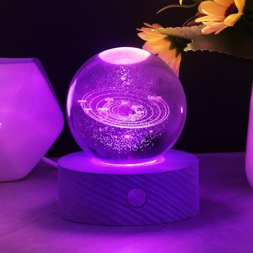 HOTUT Lampada Sfera di Cristallo 3D con Sistema Solare, Lampada Notturna a Sfera con Base a LED, 7 Colori Luce Notturna Sfera di Cristallo Ricarica USB, Decorazione in Cristallo Regali per bambini