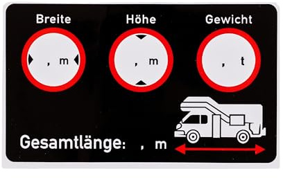 Aufkleber Set für Wohnwagen Cockpit, 2 Stück, 10 x 6 cm, beschreibbare und selbstklebende Folie, Camper Van Hinweis Klebesticker Fahrzeugmaße Länge x Breite x Höhe x Gewicht, Wohnmobil Zubehör Sticker