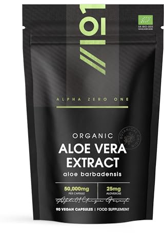 Organic Aloe Vera Extract 50,000mg - Standardised 25mg Aloveros Supplement - 90 Vegan Capsules (3 Months Supply) - Resealable and Recyclable Pouch - by Alpha01
