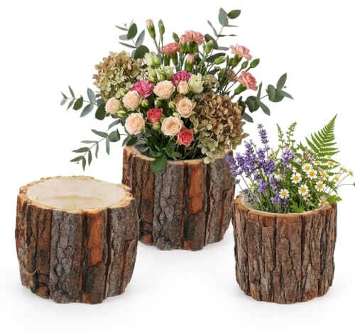 Milisten 3 Pcs Rustic Wood Bark Flower Pot: 4 Small Waterproof Birch Log Planter for Natural Succulent Display - Farmhouse Table Centerpiece & Country Wedding Decor