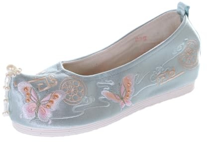 BJ-002-2 Light Blue Butterfly Satin Embroidered Vintage Hanfu Ballerina Chinese Fabric Shoes Slipper Pumps Non-Slip, pink, 8.5 UK