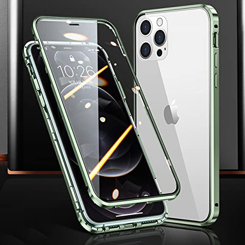 Custodia per telefono magnetica in vetro a doppia faccia con struttura in metallo per iPhone 15 14 13 12 Pro Max X XS 8 7 14 Plus 13 12Mini copriobiettivo per fotocamera, verde, per iPhone7 8 Plus
