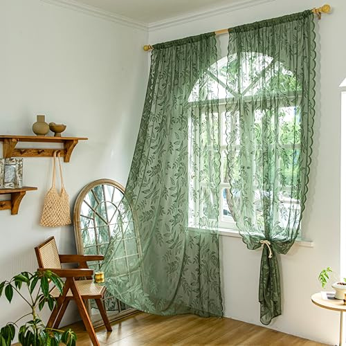 Sutuo Home Olive Green Lace Curtains 84 Inches Long for Bedroom Living Room, Leaf Embroidery Window Sheer Drapes Pair, Rod Pocket Vintage Country Window Treatments Set of 2 Panels, 57 W x 84 L