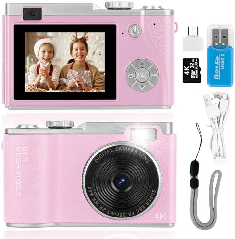 Digital Camera,Selfie Camera 1080P Digital Video Camcorder Front and Rear Dual Cameras with 2.7 LCD,32GB Card, Camera for Kids Teen Students Seniors Beginner (Pink)
