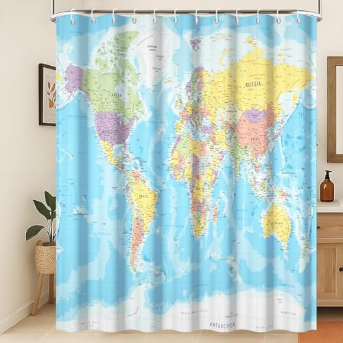 Xiaoterna Weltkarte Duschvorhang Blauer Ozean Kontinente Badezimmervorhang Weltkarte Duschvorhang Geographie Bildungsduschvorhang Maschinenwaschbar Wasserdichter Stoff 180x180cm