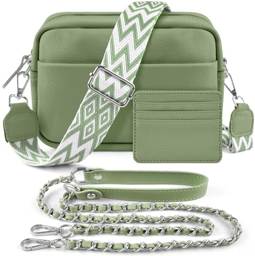 BROTOU Umhängetasche Damen Echtes Leder,Crossbody Bag Damen mit 2 Breitem Schultergurt Kartenhalter,Handtasche Leder Small handbag,Kleine Tasche Damen mit 3 Fächern (S-Grün)