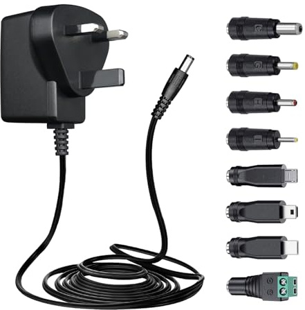 5V 1A 1.8M Power Supply Adapter with 8 Tips, DC 5W 5V 1000mA 800mA 500mA 100mA Replacement Power Cord for Baby Monitor/Router/Speaker/TV Box/LED Strips/Record Player/Mini Fan and More, UKCA Certified