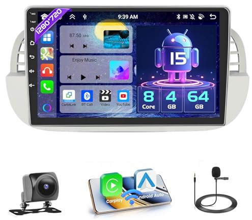 4+64G Autoradio per FIAT 500 2007-2015 con Wireless CarPlay Android Auto | 9 pollici Radio Android 15 con Bluetooth GPS WiFi DSP SWC USB USB Type-C vivavoce 8-Core microfono