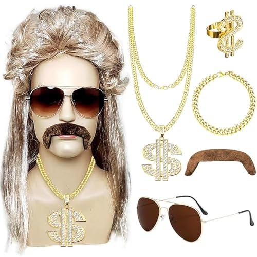 Vokuhila Perücke, 6er Vokuhila Perücke Herren, Männer Blonde Vokuhila 80er Perücke, Blond Perücken Sonnenbrille Halskette Bart, 80er Jahre Outfit Herren für Karneval,Mottoparty,Cosplay,Party