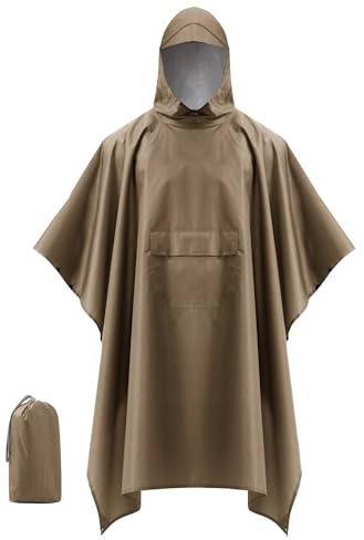 Coutyuyi Imperméable Poncho Pluie Unisexe, Poncho/Tapis de Camping/Ombre de Camping Multifonctions 3 en 1 Veste Coupe-Pluie Cape imperméable pour la randonnée, Camping (Brun, S)